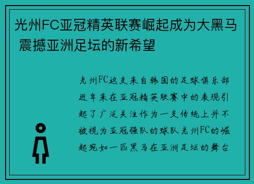 光州FC亚冠精英联赛崛起成为大黑马 震撼亚洲足坛的新希望